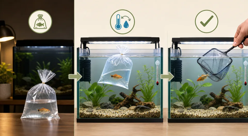 輸送袋の魚を水槽の水温に慣らしてから網で入れる水合わせの流れ