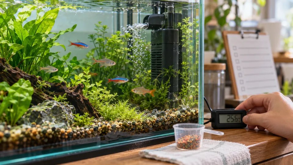 水温計とフィルター、少量の餌を確認しながら魚の状態を観察する水槽管理
