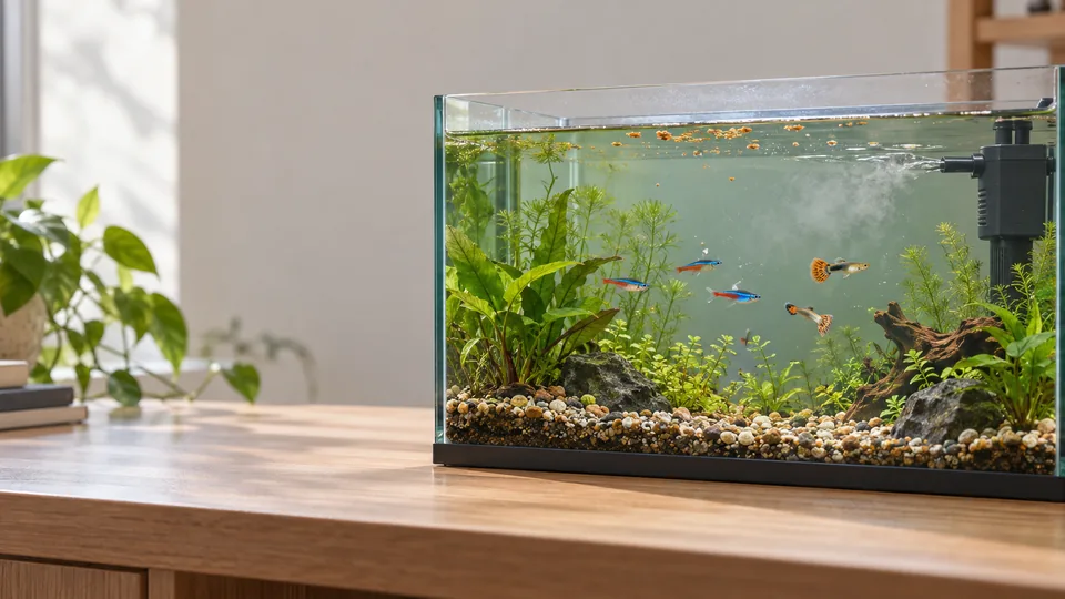 餌が残りフィルターが動く初心者向け淡水水槽で魚を飼育する様子