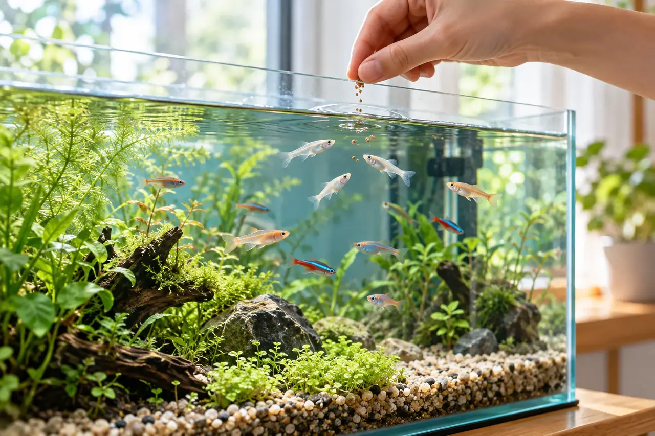 水草のある淡水水槽で小型魚に少量の餌を与える様子