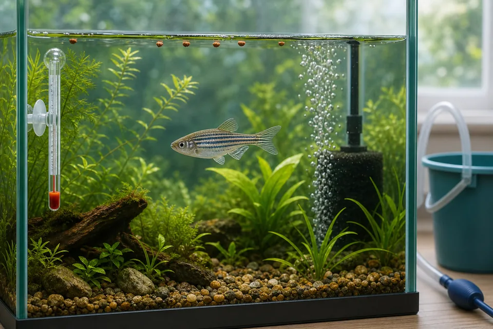 水温計とスポンジフィルターの近くを正常に泳ぐ魚と水面の少量の餌