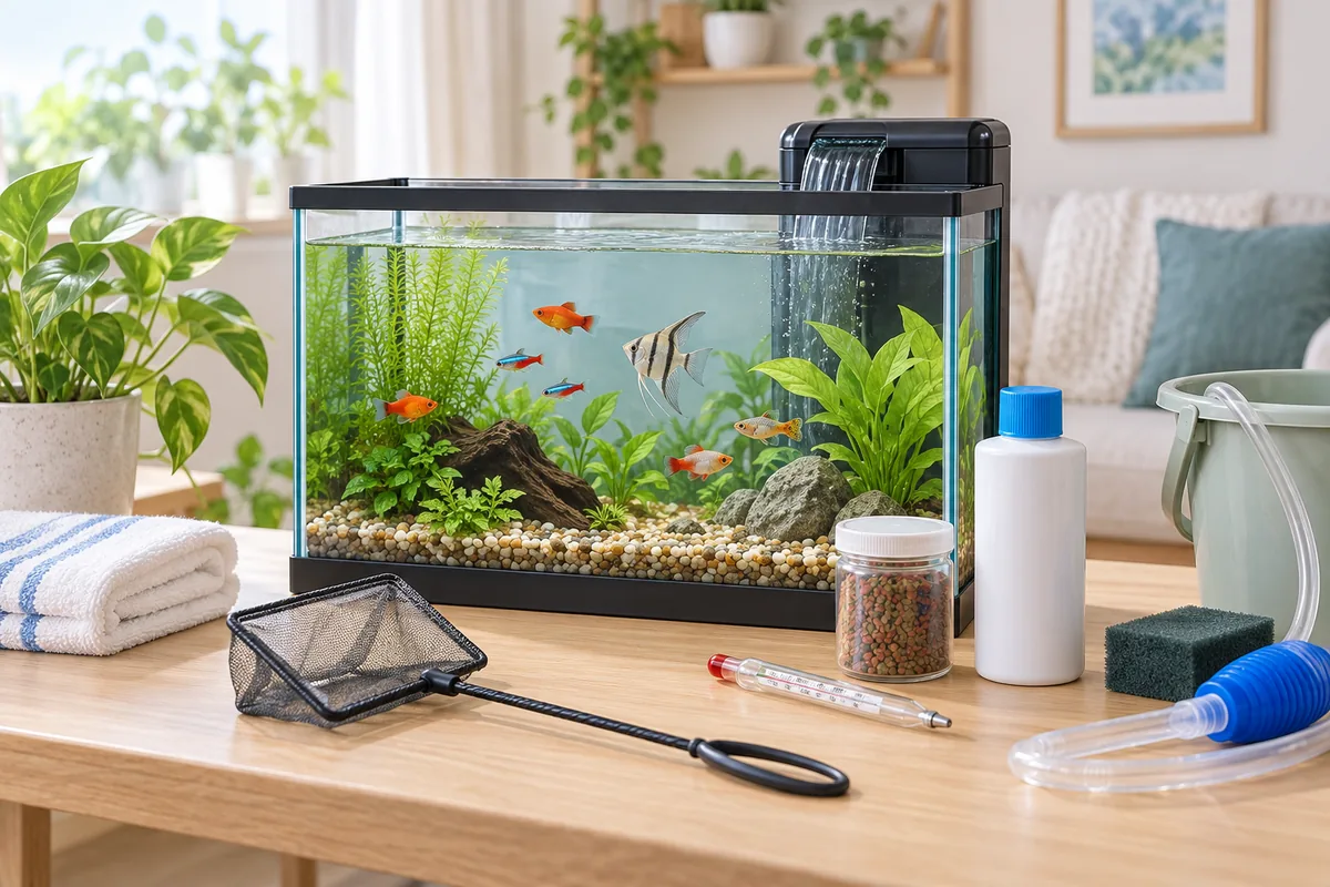 小型水槽、フィルター、水温計、餌、網など観賞魚の飼育用品を並べた準備風景