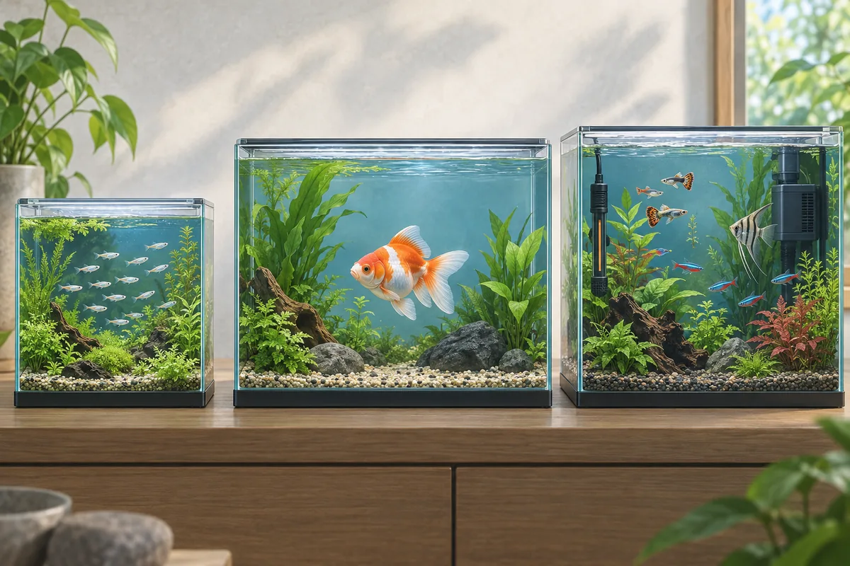 メダカ、金魚、小型熱帯魚をそれぞれの水槽で比較できる淡水アクアリウム