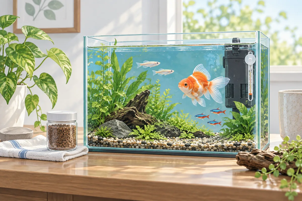 メダカや金魚、熱帯魚が泳ぐ水槽と飼育用品を並べた観賞魚の価格比較イメージ