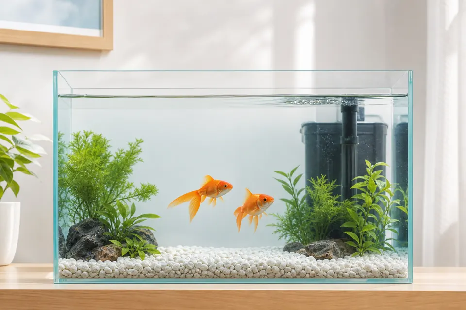 水草のある室内水槽で泳ぐ二匹の金魚