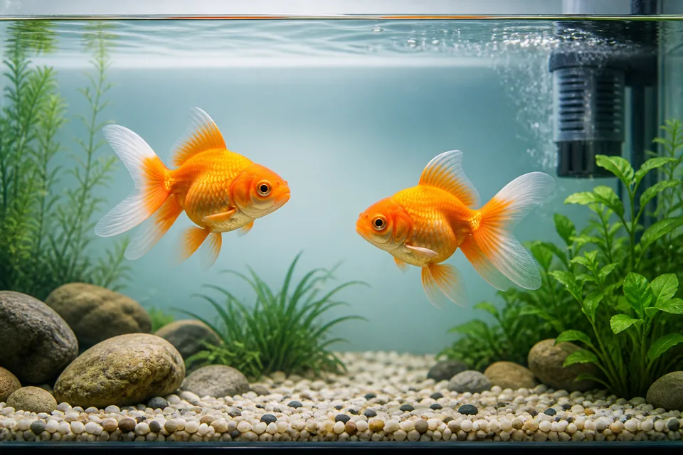 広い遊泳スペースとろ過器のある水槽で同じ大きさの金魚が泳ぐ様子
