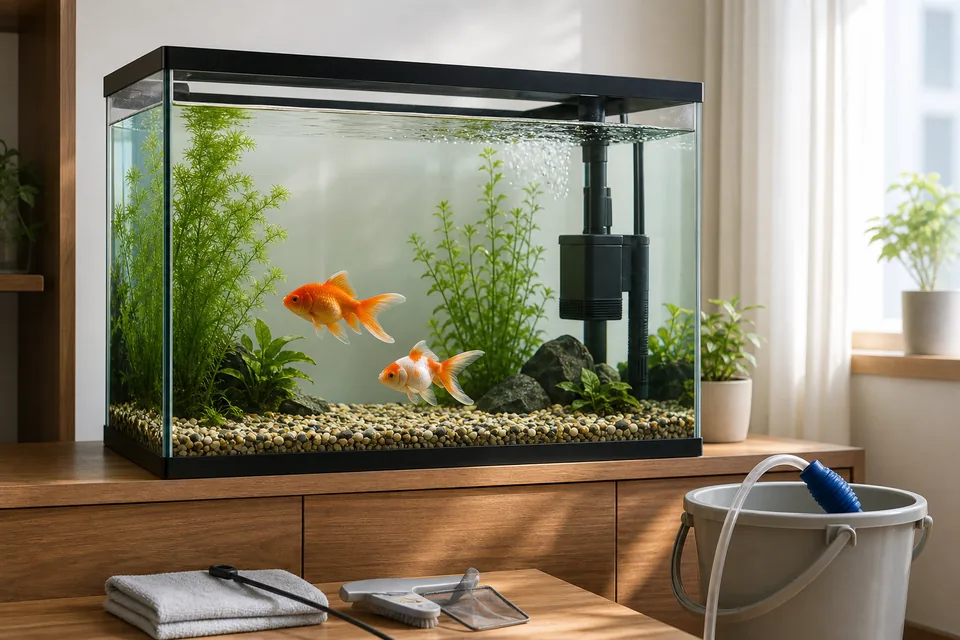 金魚の水槽サイズを考えるための広めの水槽とろ過器のある室内