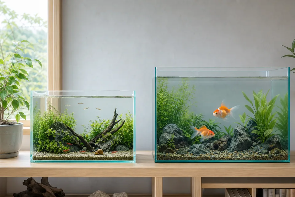 メダカと小さなエビ・貝の水槽と、金魚を飼う別水槽を並べた室内の棚