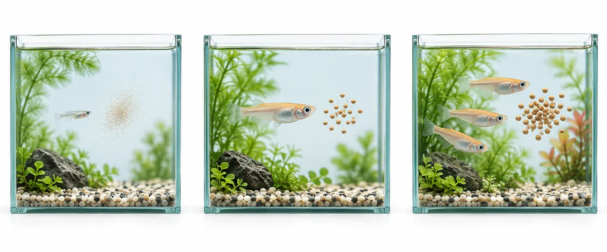 稚魚用の細かな粉餌、成魚用の小粒餌、複数匹用の粒餌をメダカと比較した説明イメージ