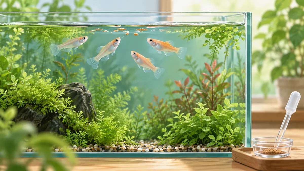 水草のある淡水水槽でメダカが水面の餌を食べている様子と給餌用の道具