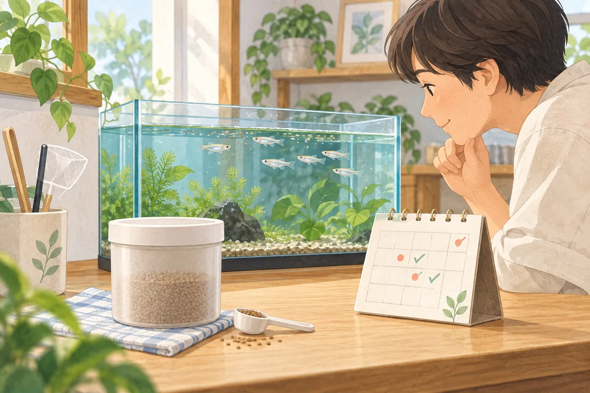 密閉容器とスプーンを使ってメダカの餌を保管し、水槽の食べ残しを観察する飼育風景