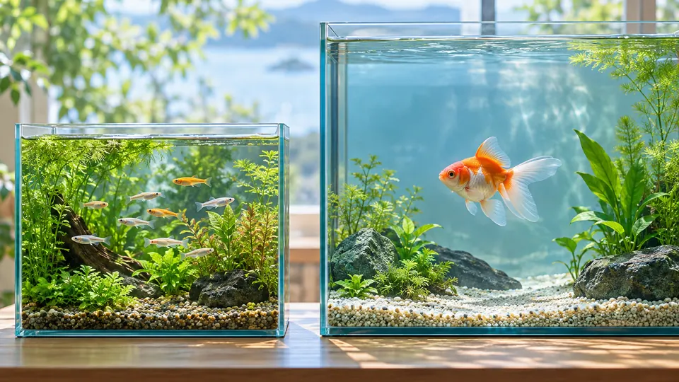 別々の水槽で泳ぐメダカと金魚。魚種に合う飼育環境を比べる様子