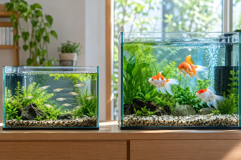 屋外のメダカ容器と、ろ過器を備えた室内の金魚水槽を別々に比べた飼育環境