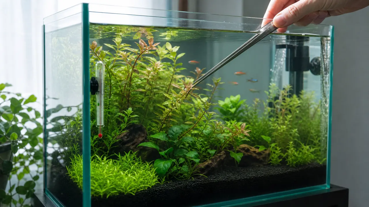 水草水槽の茂った茎を長いピンセットで整える日常メンテナンス