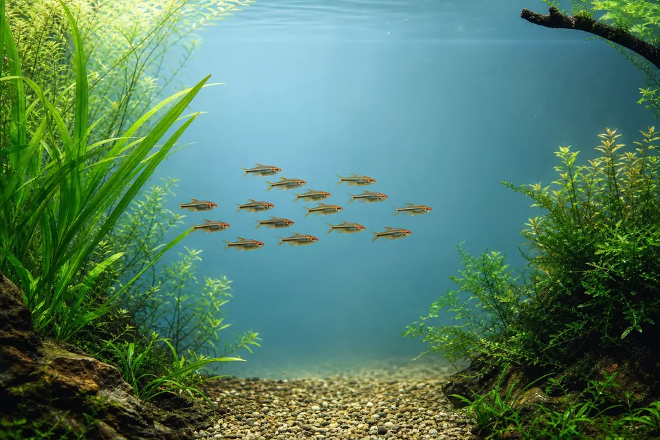 水草の間で同じ種類の小型魚がまとまって泳ぐ淡水水槽
