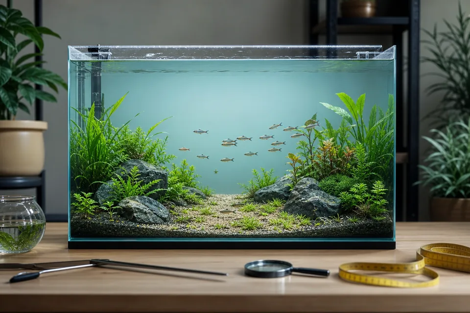 中央に泳ぐ余白を残した45cm水槽と水草、群泳する小型魚