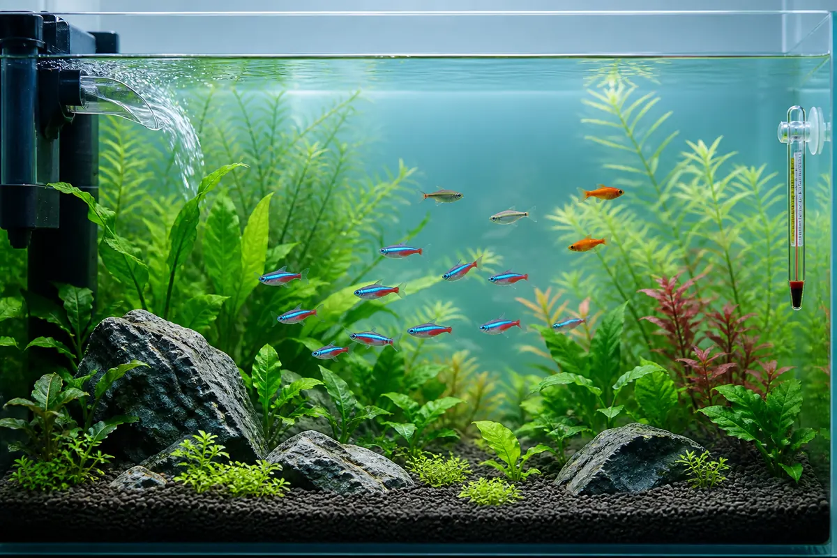 水温計とフィルターが見える透明な水草水槽で泳ぐ熱帯魚
